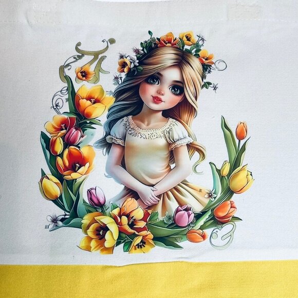 Large Canvas Tote Bag with Flower Girl Art | Hand Pressed | 17”x14” - Picture 3 of 4